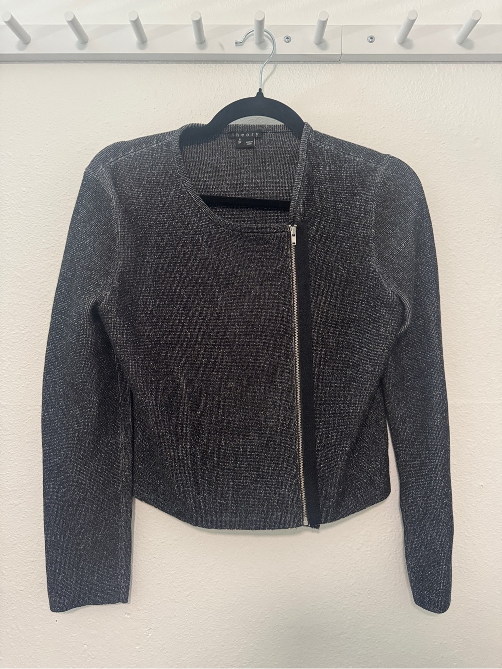 Theory Black Metallic Tweed Zip-Front Blazer